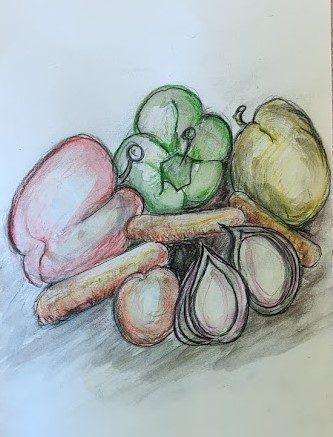John D, fruit & veg, mixed media.